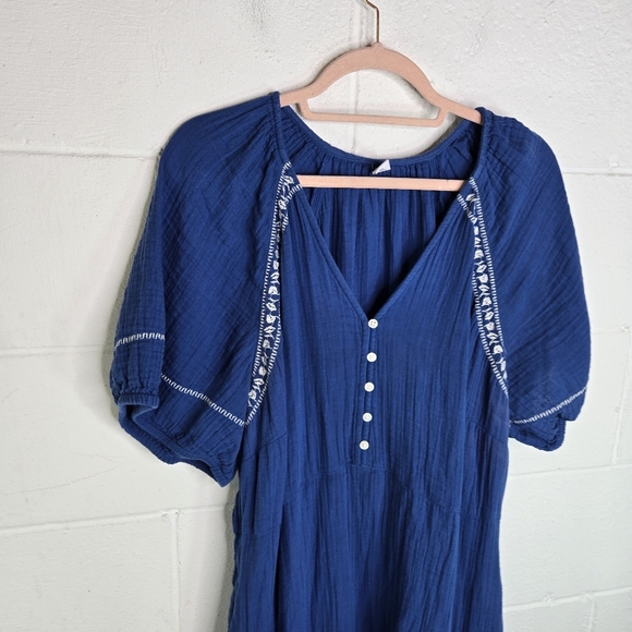 Old Navy Blue Crinkle Crepe Embroidered Peasant Boho Long Maxi Dress Plus Xxl - Picture 9 of 9